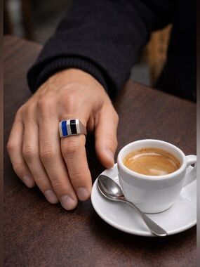 Vintage  Enamel Ring Sterling Inlay Size 10&3/4 black blue enamel